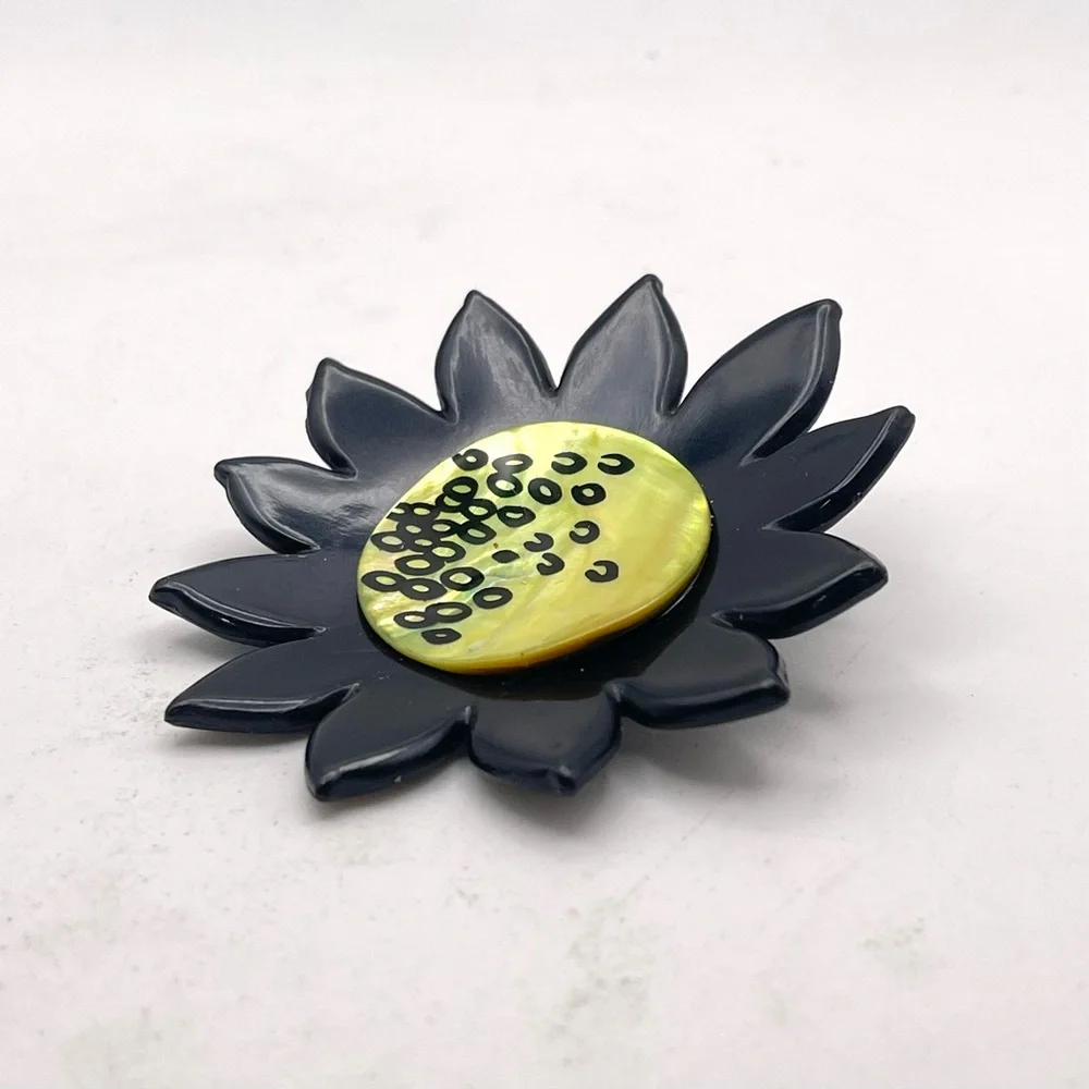 Vintage Artisan Resin Sunflower Brooch Black and Abalone Lime Green Handpainted